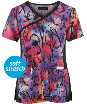 koi Lite™ Raquel Colorful Petals Women's 2-Pocket Mock Wrap STRETCH Print Scrub Top