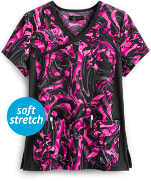 koi Lite™ Inkblot Pinks Women's 2-Pocket Mock Wrap STRETCH Print Scrub Top