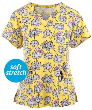 Maevn Birds in Bloom Women's 3-Pocket STRETCH V-Neck Print Scrub Top