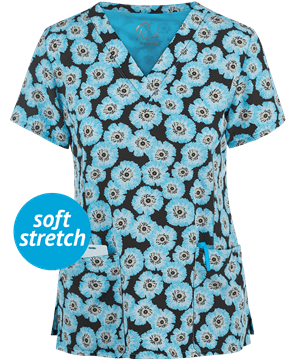 Maevn Blossom Dreams Women's 3-Pocket V-Neck Print Scrub Top