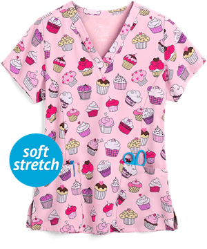Maevn Cupcake Heaven Women's 3-Pocket V-Neck Print Scrub Top