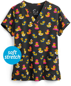 Maevn Ducky Docs Women's 3-Pocket V-Neck Print Scrub Top