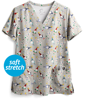 Maevn Do You Gnomie? Women's 3-Pocket V-Neck Print Scrub Top