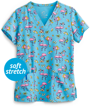 Maevn Flamingo Beach Beauties Women's 3-Pocket V-Neck Print Scrub Top