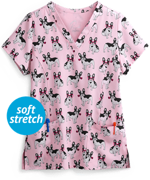 Maevn Fabulous Frenchie Women's 3-Pocket V-Neck Print Scrub Top