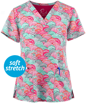 Maevn Forever Seashells Women's 3-Pocket V-Neck Print Scrub Top