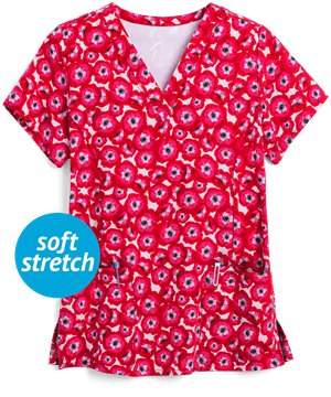 Maevn Pretty Poppies Women's 3-Pocket V-Neck Print Scrub Top 