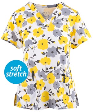 Maevn Sunshine Blossoms Women's 3-Pocket STRETCH V-Neck Print Scrub Top