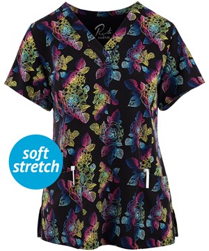 Maevn Electric Bouquet Women's 3-Pocket STRETCH V-Neck Print Scrub Top