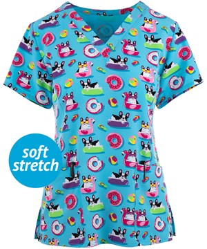 Maevn Frenchie Riviera Women's 3-Pocket STRETCH V-neck Print Scrub Top