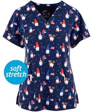 Maevn Gnome of the Free Women's 3-Pocket STRETCH V-Neck Print Scrub Top