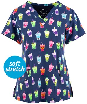 Maevn Refreshing Cute-teas Women's 3-Pocket STRETCH V-Neck Print Scrub Top