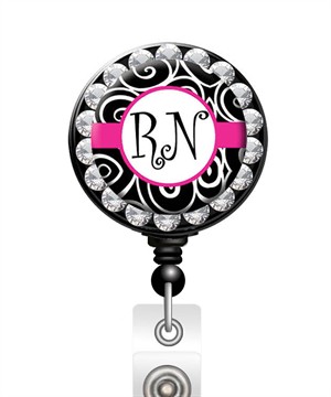 Nina's Lil Bowtique RN Black Swirls Jewel ID Badge Holder