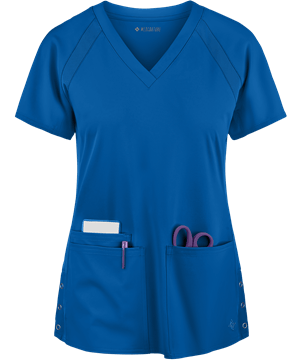 Med Couture Peaches Women's 3-Pocket STRETCH Raglan Sleeve Rib-Knit Side Panels V-Neck Scrub Top