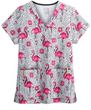 Med Couture Flamingo Flock Women's 2-Pocket V-Neck Print Scrub Top