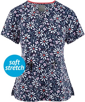 Med Couture Summer Daisy Women's 2-Pockert STRETCH V-Neck Print Scrub Top