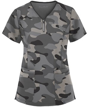 Easy STRETCH by Butter-Soft™ Cloud Camo Pewter Women's 4-Pocket Zipper Neck Print Scrub Top
