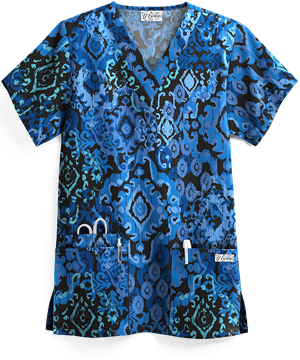 UA Ikat Paradise Black Printed Women's 3-Pocket V-Neck Scrub Top
