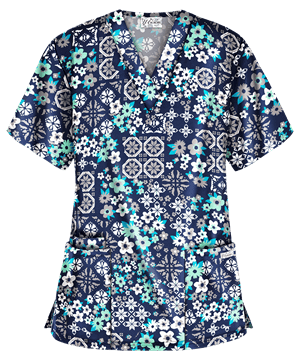 UA Best Buy Scrubs Mosaic Floral Navy Women's 3-Pocket V-Neck Print Top