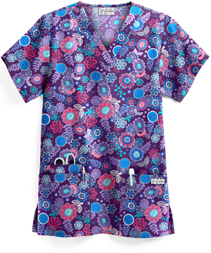 UA Whimsical Floral Eggplant Women's 3-Pocket V-Neck Print Top
