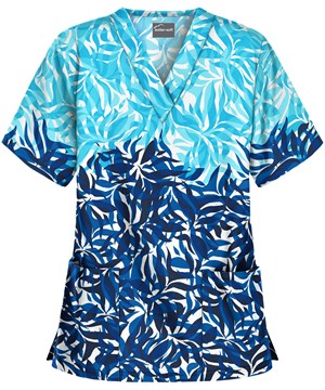 Butter-Soft Abstract Floral Turquoise Women's 2-Pocket V-Neck Print Scrub Top