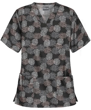 Butter-Soft Burst of Geo Black Turquoise Women's 2-Pocket V-Neck Print Scrub Top