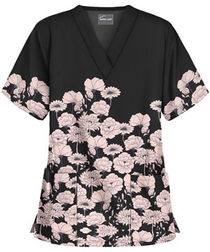 Butter-Soft Mer De Fleurs Black Printed Women's 2-Pocket V-Neck Scrub Top