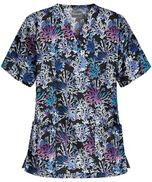 Butter-Soft Coral Reef Black Printed Women's 2-Pocket V-Neck Scrub Top