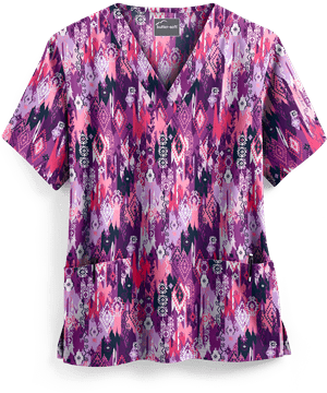 Butter-Soft Festive Ikat Eggplant Women's 2-Pocket V-Neck Print Scrub Top
