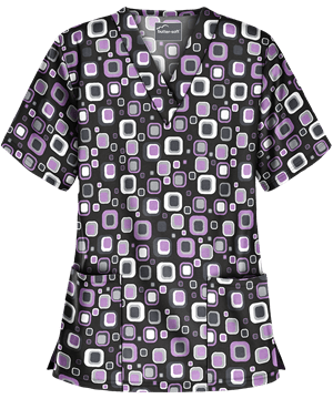 Butter-Soft Funky Geometric Black Printed Women's 2-Pocket V-Neck Scrub Top