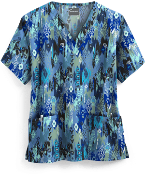 Butter-Soft Festive Ikat Black Printed Women's 2-Pocket V-Neck Scrub Top