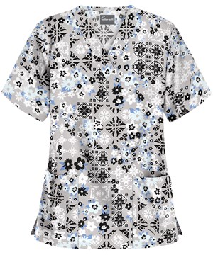 Butter-Soft Mosaic Floral Silver Women's 2-Pocket V-Neck Print Scrub Top