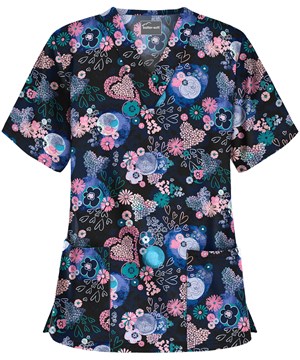 UA Buttersoft Top Garden of Love Black Printed Women's 2-Pocket V-Neck Scrub Top