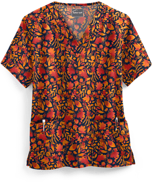 Butter-Soft Harvest Leaves Navy Women's 2-Pocket V-Neck Print Scrub Top