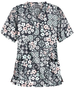 Butter-Soft Mosaic Floral Pewter Women's 2-Pocket V-Neck Print Scrub Top