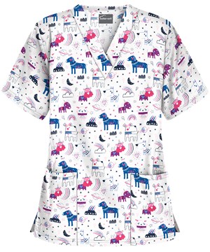 Butter-Soft Puppicorn Play White Printed Women's 2-Pocket V-Neck Scrub Top