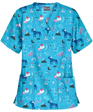 UA Buttersoft Puppicorn Play Turquoise Women's 2-Pocket V-Neck Print Scrub Top