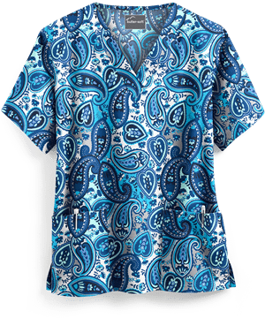 Butter-Soft Paisley Wonder Aqua Moon Women's 2-Pocket V-Neck Print Scrub Top