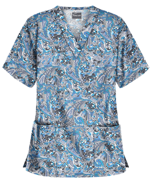 Butter-Soft Paisley Whisper Pewter Women's 2-Pocket V-Neck Print Scrub Top
