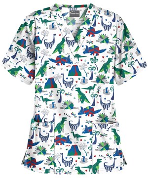 UA Buttersoft Dino Mite Silver Women's 2-Pocket V-Neck Print Scrub Top