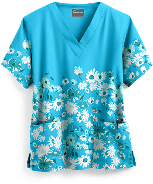 Butter-Soft Floral Cascade Turquoise Women's 2-Pocket V-Neck Print Scrub Top