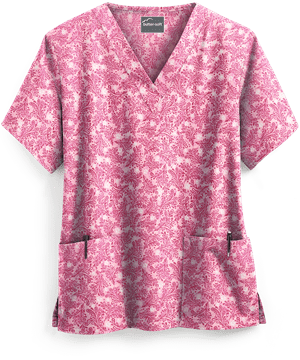 Butter-Soft Tonal Damask Ballet Pink Women's 2-Pocket V-Neck Print Scrub Top