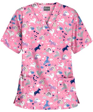 UA Buttersoft Unicorn Adventure Ballet Pink Women's 2-Pocket V-Neck Print Scrub Top