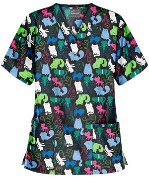 Butter-Soft Whimsical Kittens Black Printed Women's 2-Pocket V-Neck Scrub Top