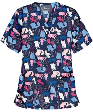 Butter-Soft Whimsical Kittens Navy Women's 2-Pocket V-Neck Print Scrub Top