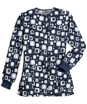 Butter-Soft Funky Geometric Cloud Blue Women's 2-Pocket Warm Up Print Scrub Jacket