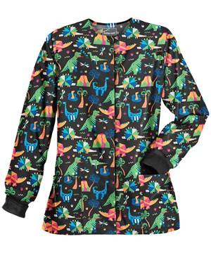 Butter-Soft Dino Mite Hunter Women's 2-Pocket Warm Up Print Scrub Jacket