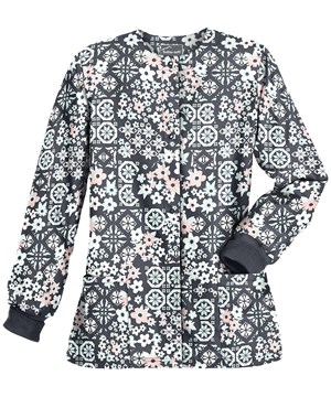 Butter-Soft Mosaic Floral Pewter Women's 2-Pocket Warm Up Print Scrub Jacket