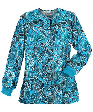 Butter-Soft Passion For Paisley Turquoise Women's 2-Pocket Warm Up Print Scrub Jacket