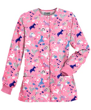 Butter-Soft Unicorn Adventure Ballet Pink Women's 2-Pocket Warm Up Print Scrub Jacket